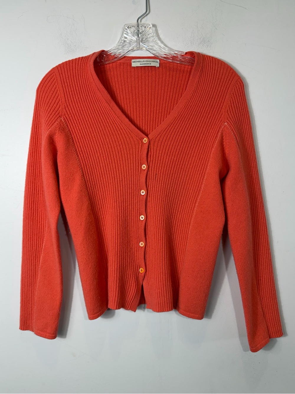 Brunello Cucinelli 100% Cashmere Ribbed Cardigan Coral Orange Italy L